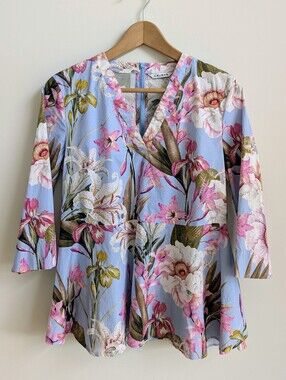 Caliban Cotton Made In EU Blue Pink Floral Blouse Top 44 Approx Large